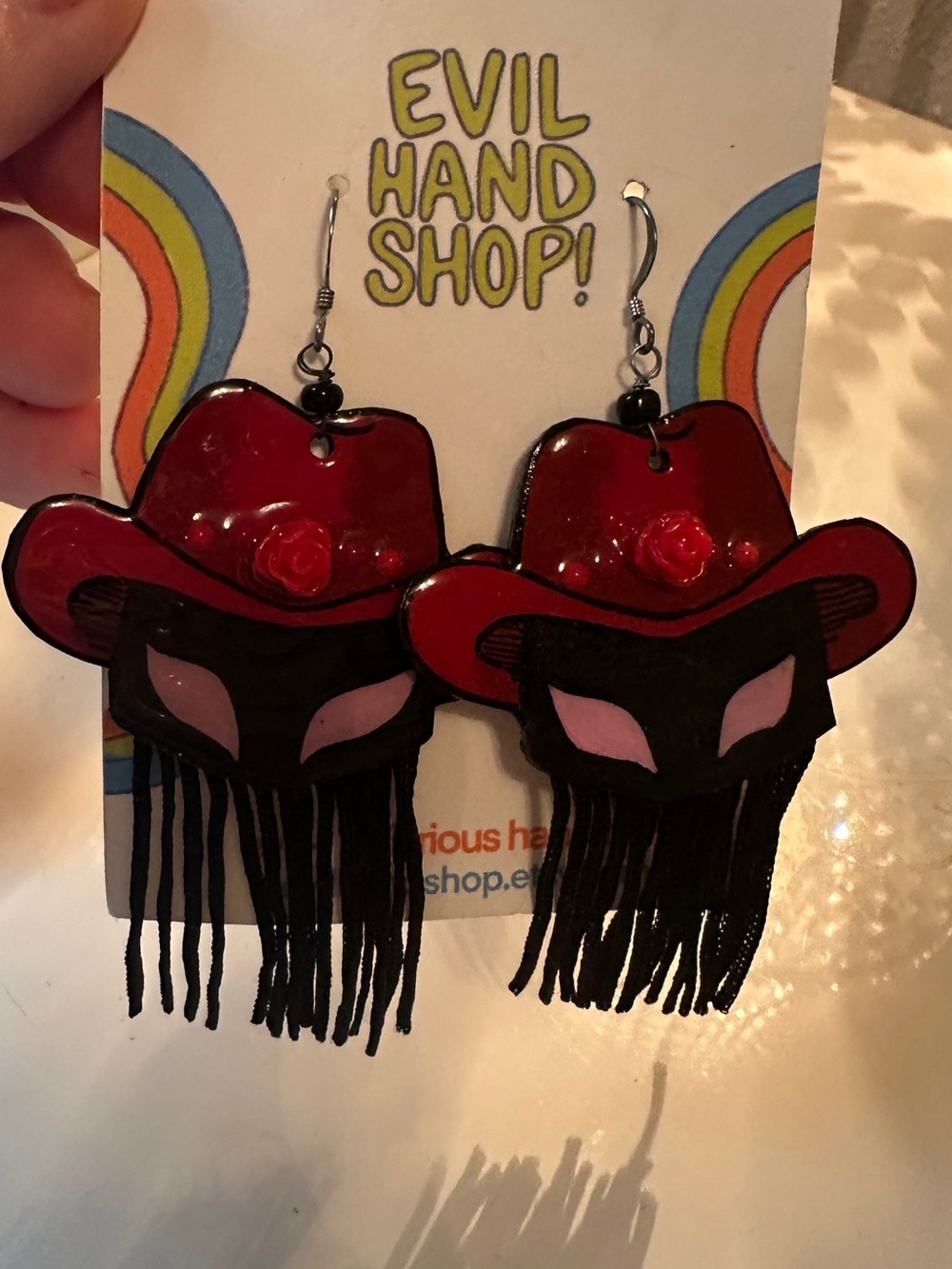 Red Cowboy Mask Fringe Statement Earrings by Evil Hand Shop